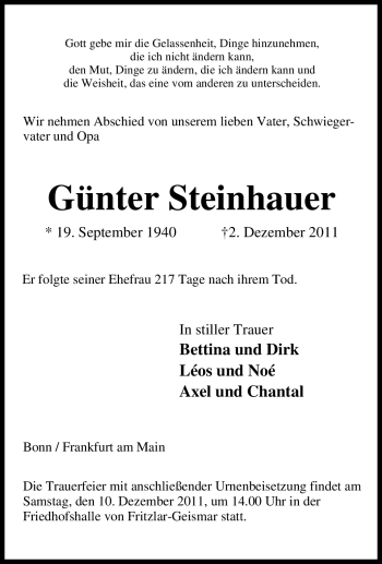 Traueranzeige von Günter Steinhauer von Tageszeitung