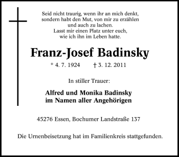 Traueranzeige von Franz-Josef Badinsky von Tageszeitung