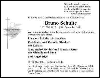 Traueranzeige von Bruno Schulte von Tageszeitung