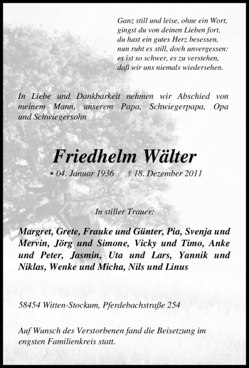 Traueranzeige von Friedhelm Wälter von Tageszeitung