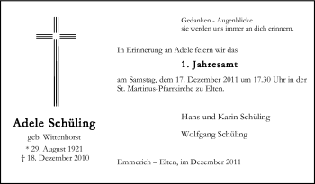 Traueranzeige von Adele Schüling von Tageszeitung