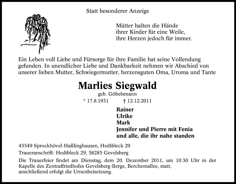  Traueranzeige für Marlies Siegwald vom 17.12.2011 aus Tageszeitung