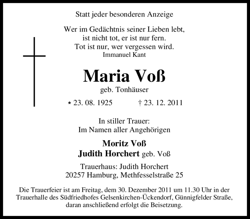  Traueranzeige für Maria Voß vom 28.12.2011 aus Tageszeitung