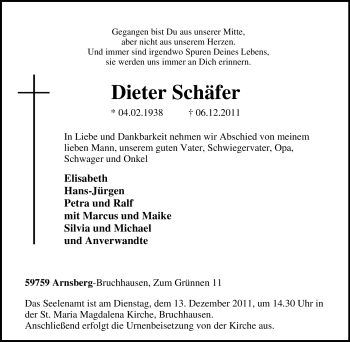 Traueranzeige von Dieter Schäfer von Tageszeitung