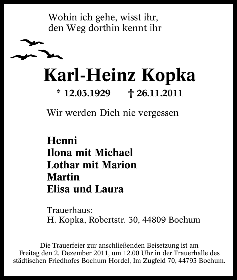  Traueranzeige für Karl-Heinz Kopka vom 01.12.2011 aus Tageszeitung