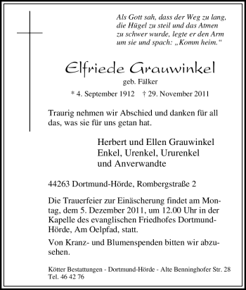 Traueranzeige von Elfriede Grauwinkel von Tageszeitung