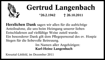 Traueranzeige von Gertrud Langenbach von Tageszeitung