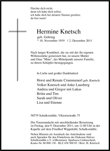 Traueranzeige von Hermine Knetsch von Tageszeitung