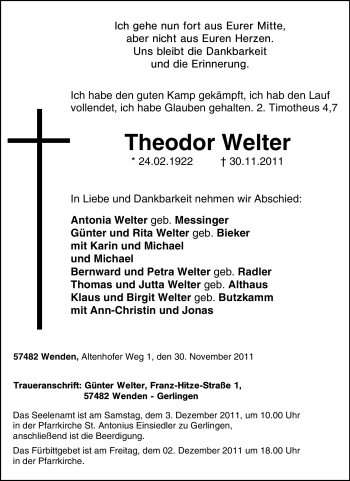 Traueranzeige von Theodor Welter von Tageszeitung