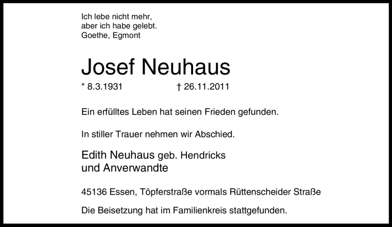  Traueranzeige für Josef Neuhaus vom 10.12.2011 aus Tageszeitung