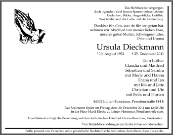 Traueranzeige von Ursula Dieckmann von Tageszeitung