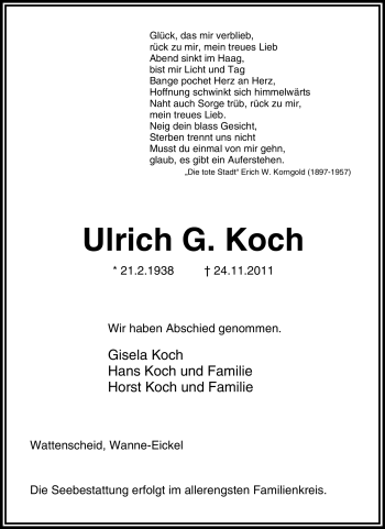 Traueranzeige von Ulrich G. Koch von Tageszeitung