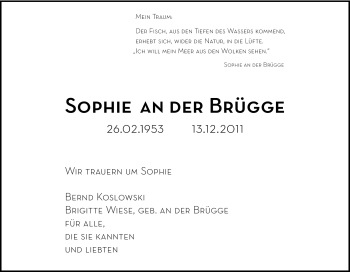 Traueranzeige von Sophie an der Brügge von Tageszeitung