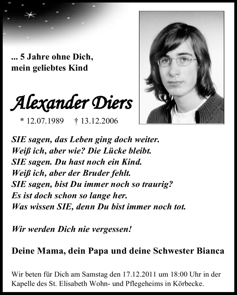  Traueranzeige für Alexander Diers vom 13.12.2011 aus Tageszeitung