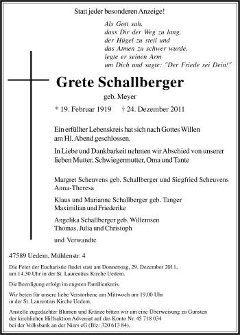 Traueranzeige von Grete Schallberger von Tageszeitung