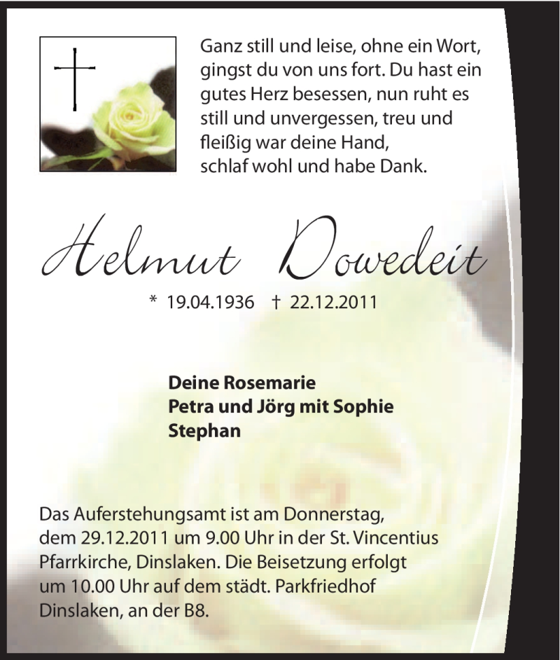  Traueranzeige für Helmut Dowedeit vom 27.12.2011 aus Tageszeitung