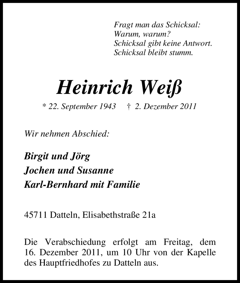  Traueranzeige für Heinrich Weiß vom 10.12.2011 aus Tageszeitung