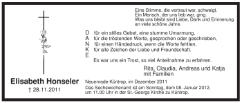 Traueranzeige von Elisabeth Honseler von Tageszeitung