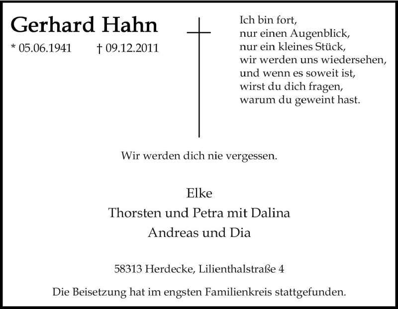  Traueranzeige für Gerhard Hahn vom 31.12.2011 aus Tageszeitung