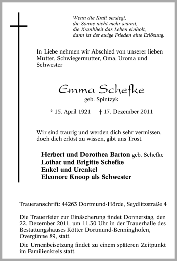 Traueranzeige von Emma Schefke von Tageszeitung