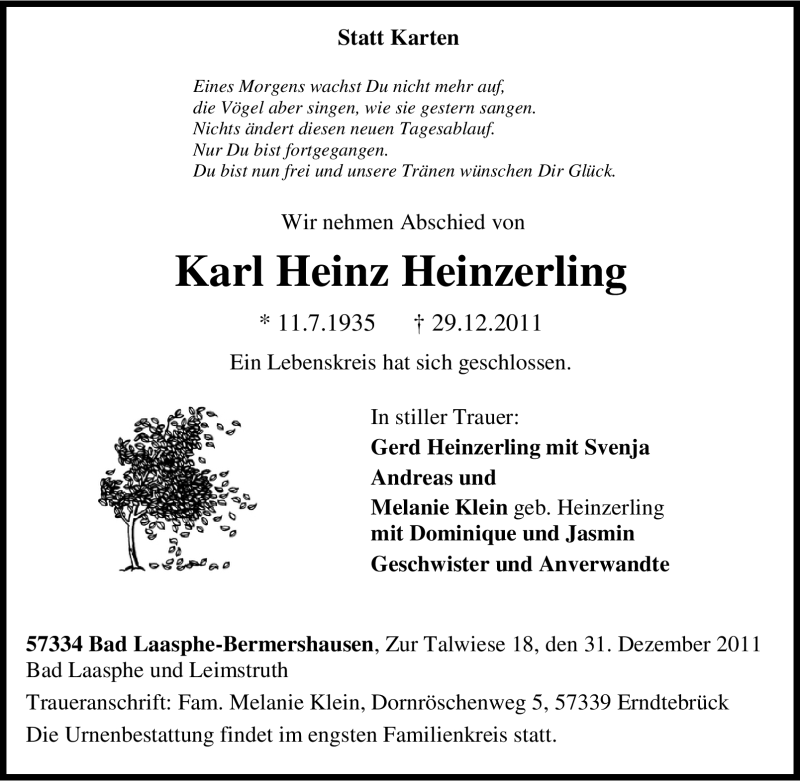  Traueranzeige für Karl Heinz Heinzerling vom 31.12.2011 aus Tageszeitung
