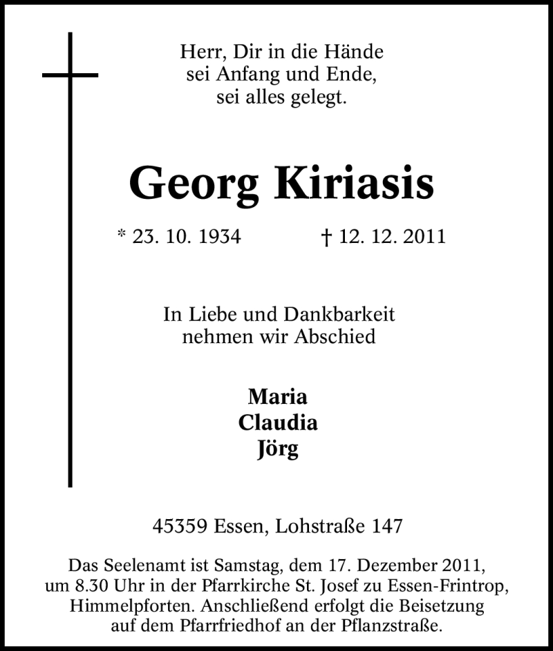  Traueranzeige für Georg Kiriasis vom 15.12.2011 aus Tageszeitung