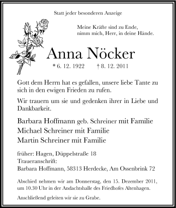 Traueranzeige von Anna Nöcker von WESTDEUTSCHE ALLGEMEINE ZEITUNG