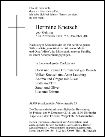 Traueranzeige von Hermine Knetsch von Tageszeitung