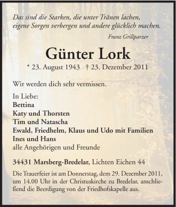 Traueranzeige von Günter Lork von Tageszeitung