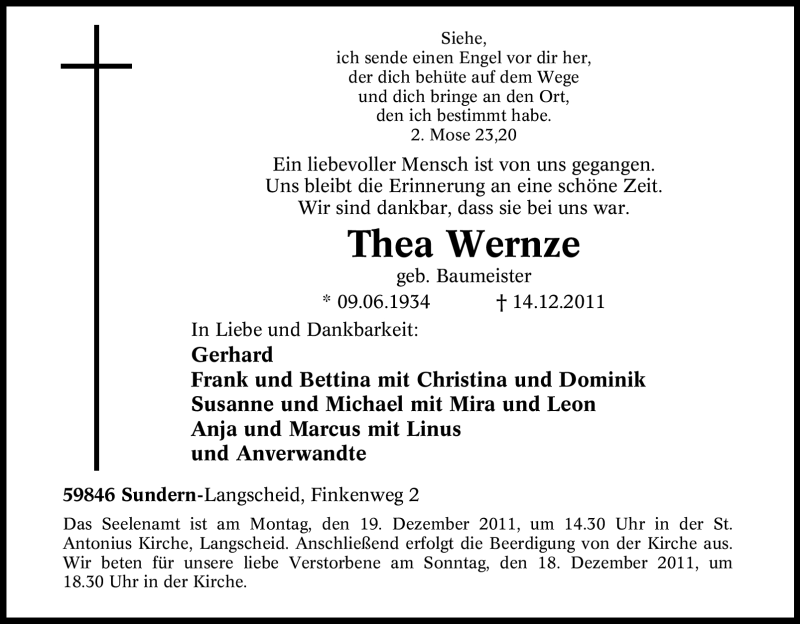  Traueranzeige für Thea Wernze vom 16.12.2011 aus Tageszeitung