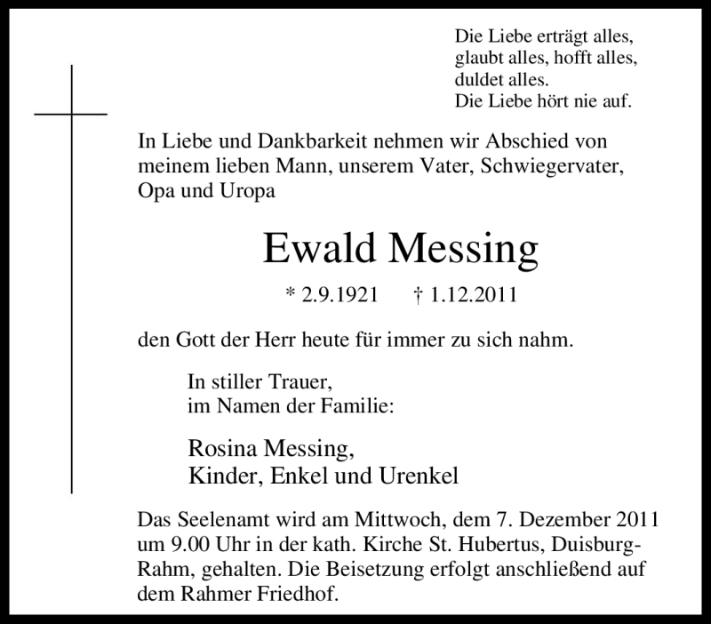  Traueranzeige für Ewald Messing vom 03.12.2011 aus Tageszeitung