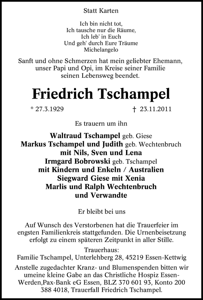  Traueranzeige für Friedrich Tschampel vom 10.12.2011 aus Tageszeitung