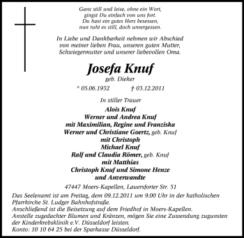 Traueranzeige von Josefa Knuf von Tageszeitung