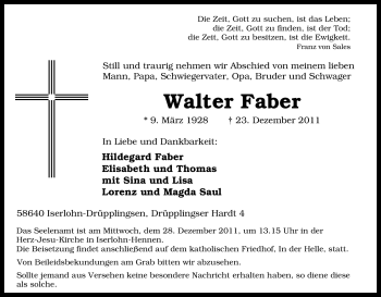 Traueranzeige von Walter Faber von Tageszeitung