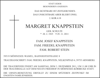 Traueranzeige von Margret Knappstein von Tageszeitung