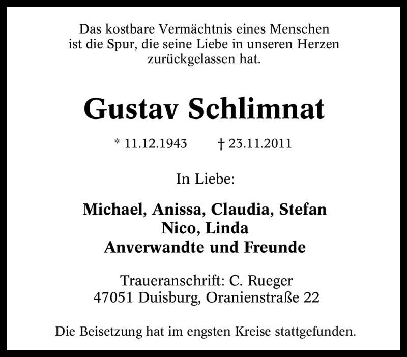  Traueranzeige für Gustav Schlimnat vom 03.12.2011 aus Tageszeitung