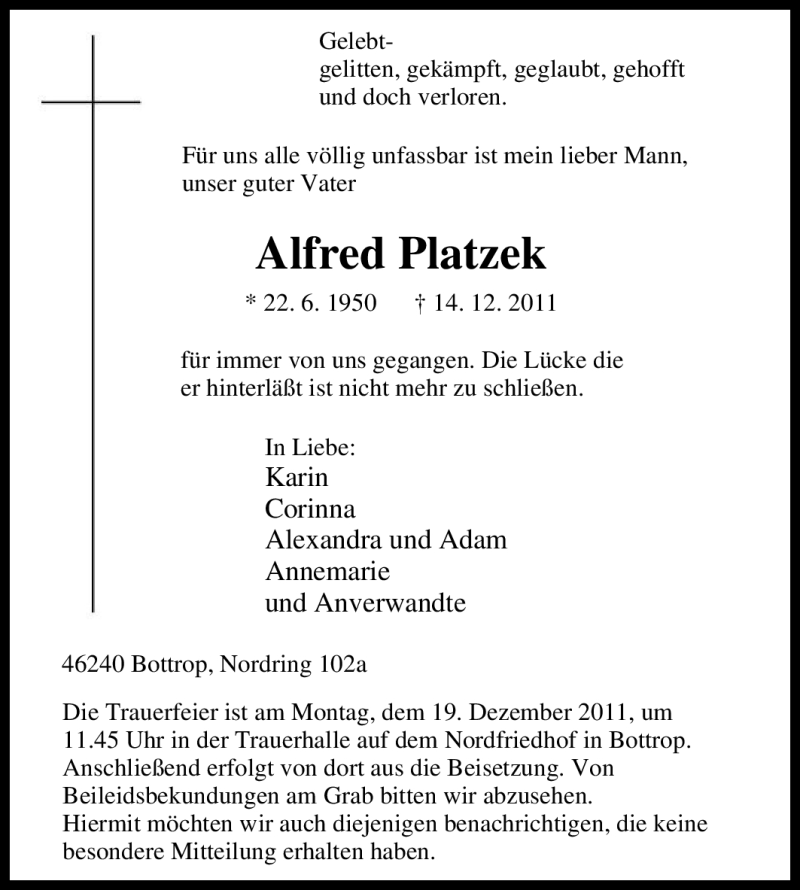  Traueranzeige für Alfred Platzek vom 16.12.2011 aus Tageszeitung