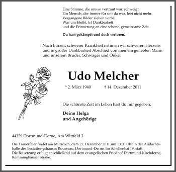 Traueranzeige von Udo Melcher von Tageszeitung