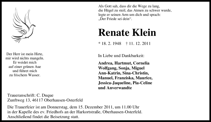  Traueranzeige für Renate Klein vom 14.12.2011 aus Tageszeitung