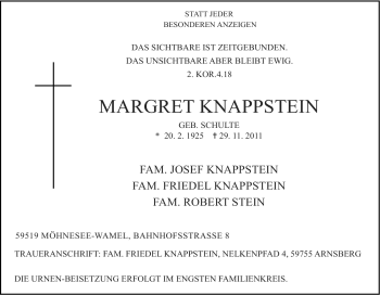 Traueranzeige von Margret Knappstein von Tageszeitung