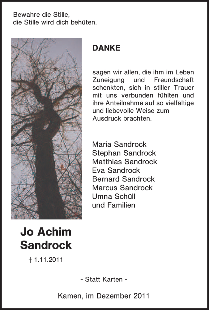  Traueranzeige für Jo Achim Sandrock vom 10.12.2011 aus Tageszeitung