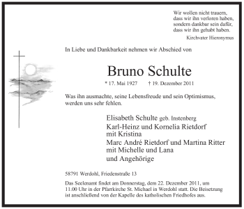 Traueranzeige von Bruno Schulte von Tageszeitung