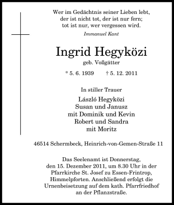 Traueranzeige von Ingrid Hegyközi von Tageszeitung