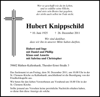 Traueranzeige von Hubert Knippschild von Tageszeitung