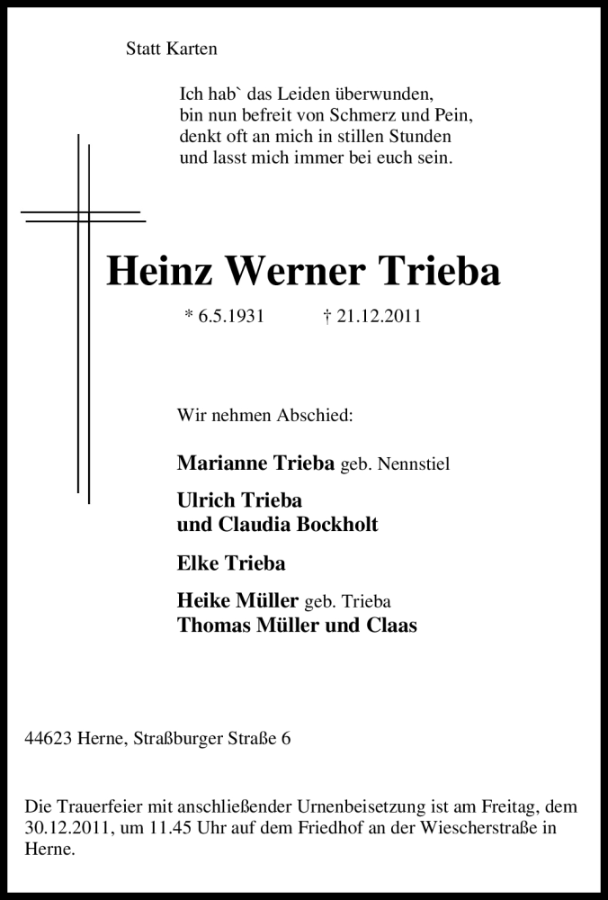  Traueranzeige für Heinz Werner Trieba vom 24.12.2011 aus Tageszeitung