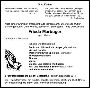 Traueranzeige von Frieda Marbuger von Tageszeitung