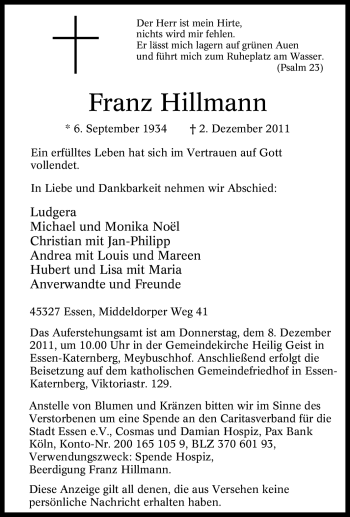Traueranzeige von Franz Hillmann von Tageszeitung
