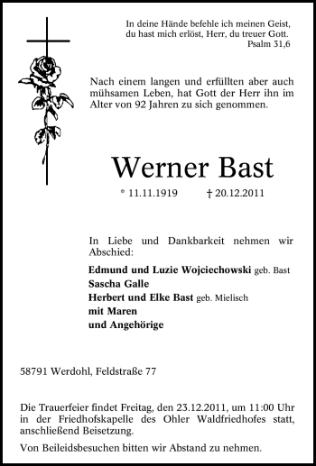 Traueranzeige von Werner Bast von Tageszeitung