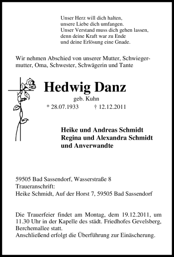 Traueranzeige von Hedwig Danz von Tageszeitung
