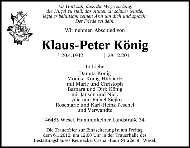  Traueranzeige für Klaus-Peter König vom 30.12.2011 aus Tageszeitung